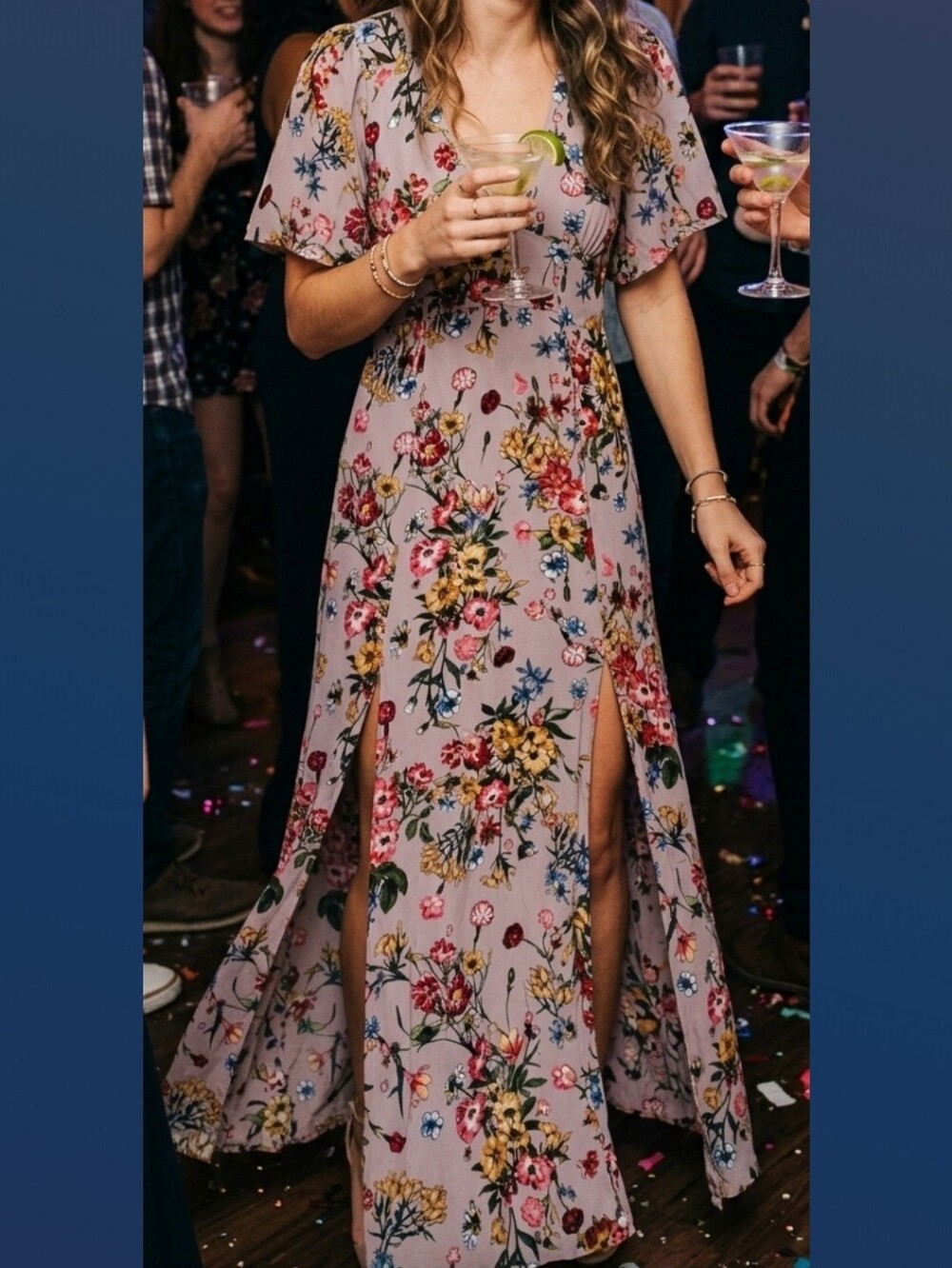 Floral V-Neck Flutter Sleeve Women’s Dress - Light Taupe